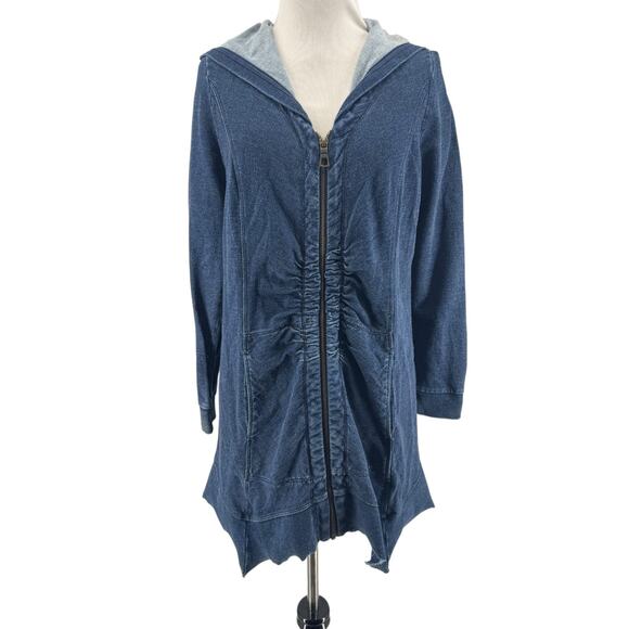 Soft Surroundings Blue Highland Ruched Denim Zip-Up Hooded Jacket Size Medium - Picture 1 of 5